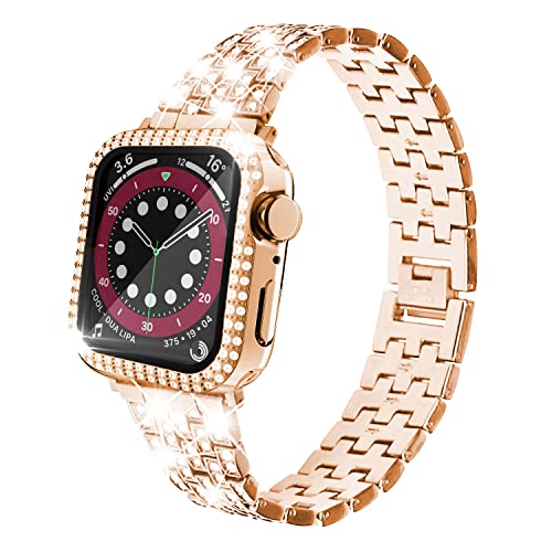 DEALELE Armband Kompatibel mit iWatch 41mm 45mm, Glitzer Strass Diamant Metall Armbänder mit Schutzhülle Ersatz für Apple Watch Series 8/7 Damen Herren, 45mm, Roségold von DEALELE