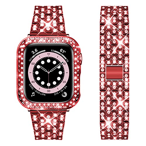 DEALELE Armband Kompatibel mit iWatch 41mm 45mm, Glitzer Strass Diamant Metall Armbänder mit Schutzhülle Ersatz für Apple Watch Series 8/7 Damen Herren, 45mm, Rot von DEALELE