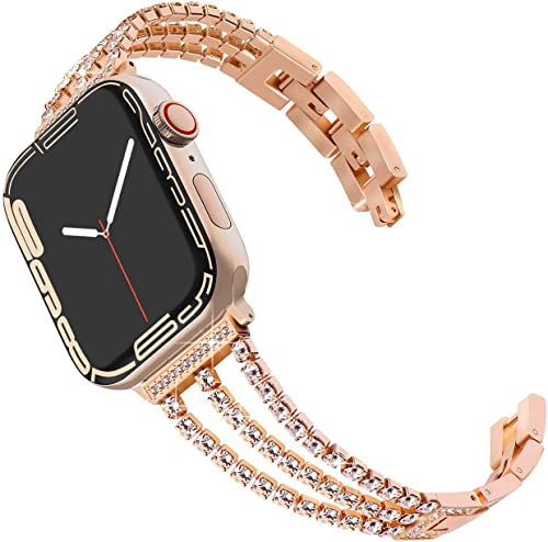 DEALELE Armband Kompatibel mit iWatch 42mm 44mm 45mm 49mm, Bling Diamant Strass Edelstahl Metall Ersatz Uhrenarmband für Apple Watch Series 8/7 / 6/5 / 4/3 / SE/Ultra Damen Herren, Roségold von DEALELE