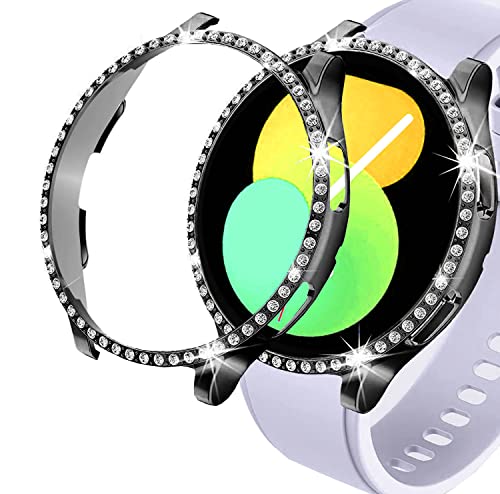 DEALELE Uhrengehäuse Kompatibel mit Samsung Galaxy Watch 5 40mm / 44mm, Glitzer Strass Diamant Schutzhülle Uhrenabdeckung Ersatz Gehäuse für Galaxy Watch 4 40mm / 44mm, 2 Pack, Schwarz+Transparent von DEALELE