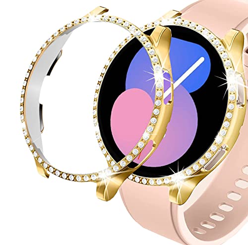 DEALELE Uhrengehäuse Kompatibel mit Samsung Galaxy Watch 5 Pro 45mm, Glitzer Strass Diamant Schutzhülle Uhrenabdeckung Ersatz Gehäuse für Frauen Männer, 2 Pack, Gold + Transparent von DEALELE
