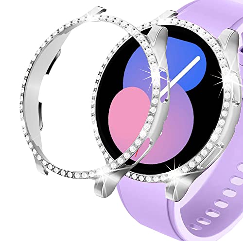 DEALELE Uhrengehäuse Kompatibel mit Samsung Galaxy Watch 5 Pro 45mm, Glitzer Strass Diamant Schutzhülle Uhrenabdeckung Ersatz Gehäuse für Frauen Männer, 2 Pack, Silber + Transparent von DEALELE