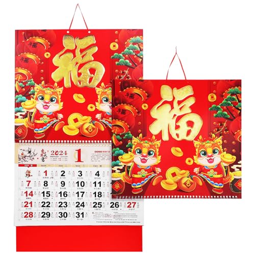 DEARMAMY 2 Stück Chinesischer Kalender Jahr Des Drachen 2024 Mondneujahrskalender Mit Goldenem Drachen Und Fu Zum Aufhängen An Der Wand Tischplatte Frühlingsfest Neujahrsdekoration von DEARMAMY