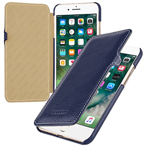 Premium Tasche für Apple iPhone 7 Plus und iPhone 8 Plus (5.5 Zoll) / Case Außenseite aus Echt-Leder / Schutz-Hülle seitlich aufklappbar / ultra-slim Cover / Etui / Innenseite aus Textil / Farbe: Blau von DEDTET