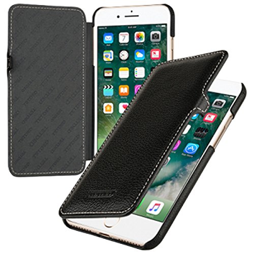 Tasche passend für Apple iPhone 7 Plus und iPhone 8 Plus (5.5 Zoll), Case Außenseite aus Echt-Leder, Schutz-Hülle seitlich klappbar, Ultra-Slim Cover, Etui, Schwarz von DEDTET