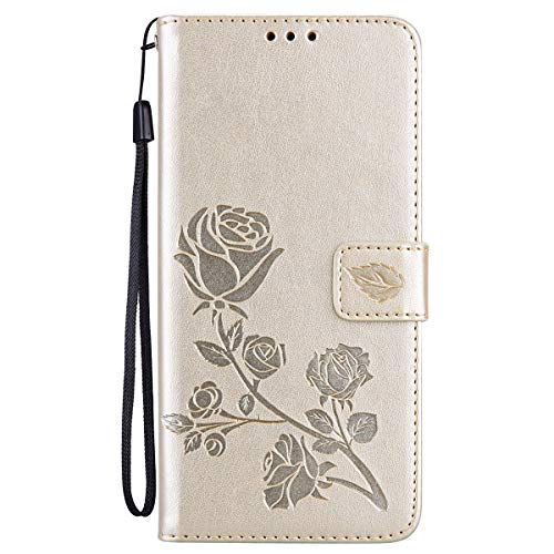 DEDUX Brieftasche Hülle für Xiaomi Redmi Note 13 4G, Rose Geprägt Lederbezug, [Kartenfächer] Premium PU Leder Flip Schutzhülle mit Standfunktion, Gold von DEDUX