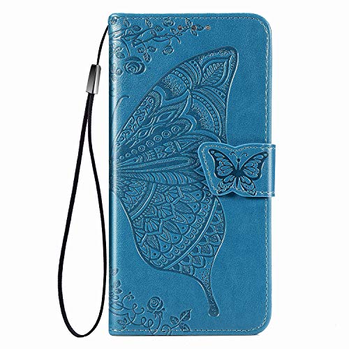 Dedux Brieftasche Hülle für Samsung Galaxy A32 4G, Geprägt Schöne Schmetterlinge und Rose Blume Lederbezug, Premium Leder Flip Schutzhülle mit Standfunktion und Kartenfächer, Blau von DEDUX