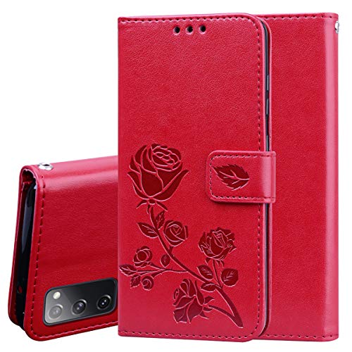 Dedux Brieftasche Hülle für Samsung Galaxy S20 FE 5G/4G, Rose Geprägt Lederbezug, [Kartenfächer] Premium PU Leder Flip Schutzhülle mit Standfunktion, Rot von DEDUX