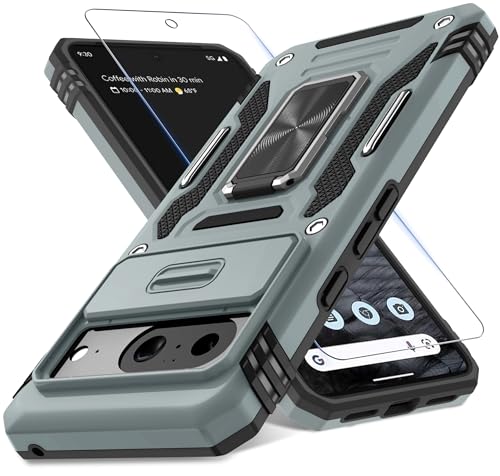 DEERLAMN Schutzhülle für Google Pixel 8 mit Schiebe-Kamera-Abdeckung und Displayschutzfolie (1 Pack), drehbarer Ringständer, Militärqualität, stoßfest, robuste Schutzhülle, Grau von DEERLAMN