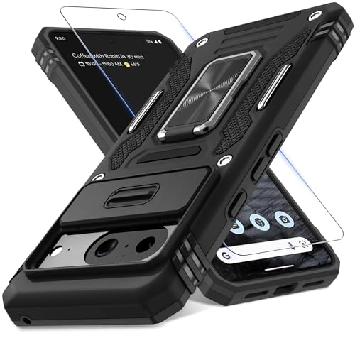 DEERLAMN Schutzhülle für Google Pixel 8a mit Schiebe-Kamera-Abdeckung und Displayschutzfolie (1 Pack), drehbarer Ringständer, Militärqualität, stoßfeste Schutzhülle, Schwarz von DEERLAMN