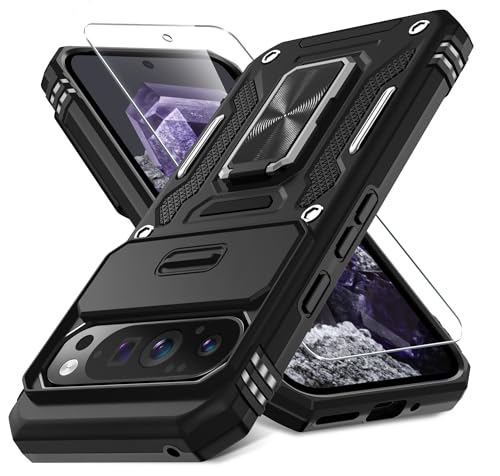 DEERLAMN Schutzhülle für Google Pixel 9 Pro XL mit Schiebe-Kamera-Abdeckung und Displayschutzfolie (1 Pack), drehbarer Ringständer, Militärqualität, stoßfeste Schutzhülle, Schwarz von DEERLAMN