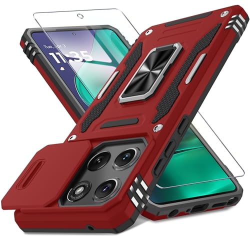 DEERLAMN Schutzhülle für Moto G Stylus 5G 2025, integrierte Schiebe-Kamera-Abdeckung und Displayschutzfolie (1 Pack), drehbarer Ringständer, Militärqualität, stoßfest, Rot von DEERLAMN