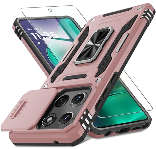 DEERLAMN Schutzhülle für Moto G Stylus 5G 2025, integrierte Schiebe-Kamera-Abdeckung und Displayschutzfolie (1 Pack), drehbarer Ringständer, Militärqualität, stoßfeste Schutzhülle, Roségold von DEERLAMN