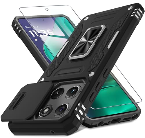 DEERLAMN Schutzhülle für Moto G Stylus 5G 2025, integrierte Schiebe-Kamera-Abdeckung und Displayschutzfolie (1 Pack), drehbarer Ringständer, Militärqualität, stoßfeste Schutzhülle, Schwarz von DEERLAMN