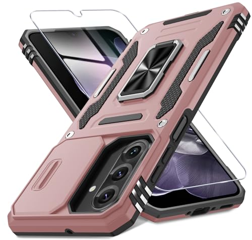 DEERLAMN Schutzhülle für Samsung Galaxy A26 5G, mit Schiebe-Kamera-Abdeckung und Displayschutzfolie (1 Pack), drehbarer Ringständer, Militärqualität, stoßfeste Schutzhülle, Roségold von DEERLAMN