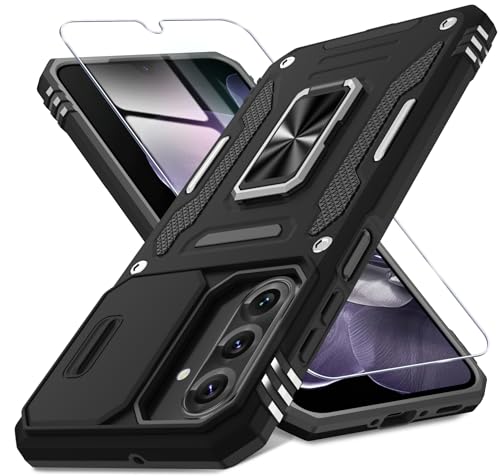 DEERLAMN Schutzhülle für Samsung Galaxy A26 5G, mit Schiebe-Kamera-Abdeckung und Displayschutzfolie (1 Pack), drehbarer Ringständer, Militärqualität, stoßfeste Schutzhülle, Schwarz von DEERLAMN