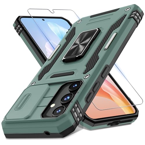 DEERLAMN Schutzhülle für Samsung Galaxy A35/A55 5G, mit Schiebe-Kamera-Abdeckung und Displayschutzfolie (1 Pack), drehbarer Ringständer, Militärqualität, stoßfeste Schutzhülle, Grün von DEERLAMN