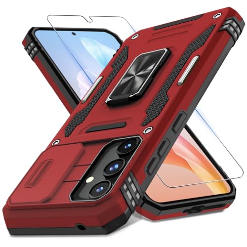 DEERLAMN Schutzhülle für Samsung Galaxy A35/A55 5G, mit Schiebe-Kamera-Abdeckung und Displayschutzfolie (1 Pack), drehbarer Ringständer, Militärqualität, stoßfeste Schutzhülle, Rot von DEERLAMN