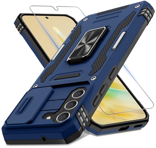 DEERLAMN Schutzhülle für Samsung Galaxy S21 FE mit Schiebe-Kamera-Abdeckung und Displayschutzfolie (1 Pack), drehbarer Ringständer, Militärqualität, stoßfeste Schutzhülle, Marineblau von DEERLAMN