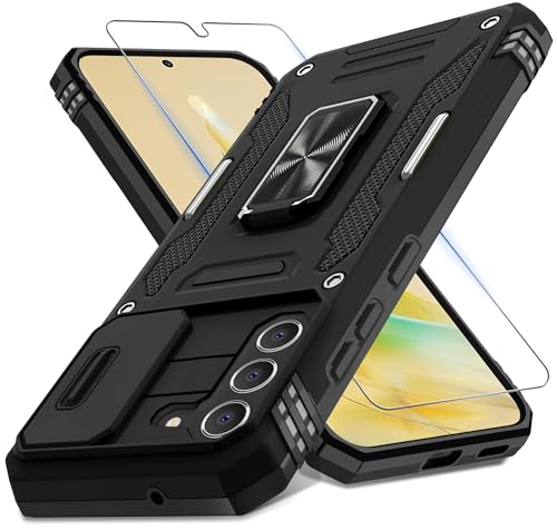 DEERLAMN Schutzhülle für Samsung Galaxy S21 FE mit Schiebe-Kamera-Abdeckung und Displayschutzfolie (1 Pack), drehbarer Ringständer, Militärqualität, stoßfeste Schutzhülle, Schwarz von DEERLAMN