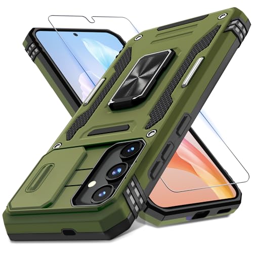 DEERLAMN Schutzhülle für Samsung Galaxy S24+ Plus, mit Schiebe-Kamera-Abdeckung und Displayschutzfolie (1 Pack), drehbarer Ringständer, Militärqualität, stoßfeste Schutzhülle, Olivgrün von DEERLAMN