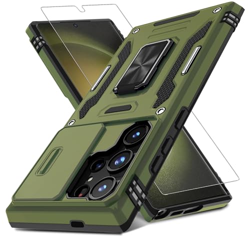 DEERLAMN Schutzhülle für Samsung Galaxy S24 Ultra mit Schiebe-Kamera-Abdeckung und Displayschutzfolie (1 Pack), drehbarer Ringständer, Militärqualität, stoßfeste Schutzhülle, Olivgrün von DEERLAMN