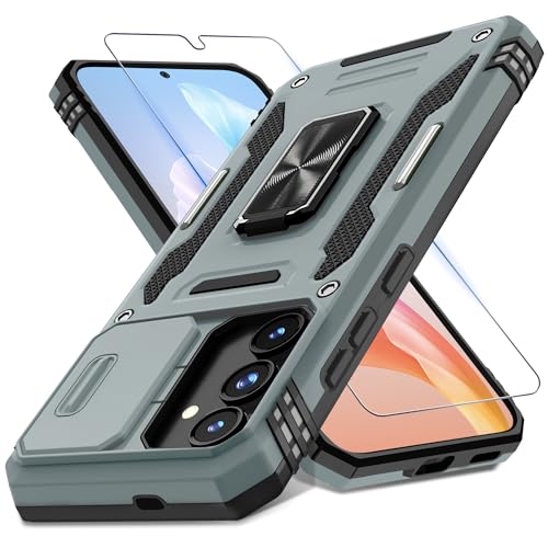 DEERLAMN Schutzhülle für Samsung Galaxy S24, 15,7 cm (6,2 Zoll), mit Schiebe-Kamera-Abdeckung und Displayschutzfolie (1 Pack), drehbarer Ringständer, Militärqualität, stoßfeste Schutzhülle, Grau von DEERLAMN