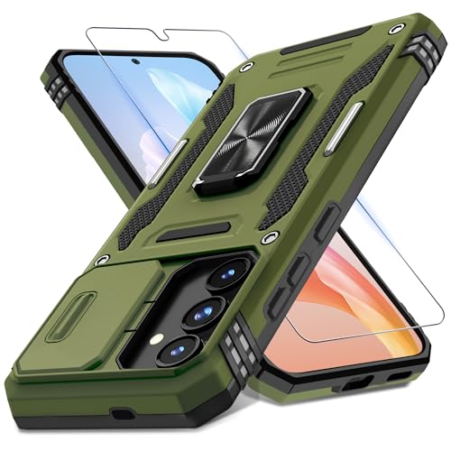 DEERLAMN Schutzhülle für Samsung Galaxy S24, 15,7 cm (6,2 Zoll), mit Schiebe-Kamera-Abdeckung und Displayschutzfolie (1 Pack), drehbarer Ringständer, Militärqualität, stoßfeste Schutzhülle, Olivgrün von DEERLAMN