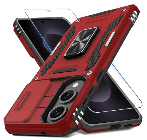 DEERLAMN Schutzhülle für Samsung Galaxy S25 Edge, mit Schiebe-Kamera-Abdeckung und Displayschutzfolie (1 Pack), drehbarer Ringständer, Militärqualität, stoßfest, Rot von DEERLAMN