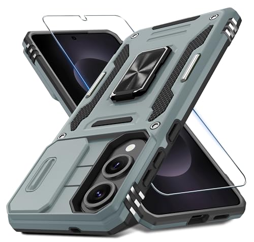 DEERLAMN Schutzhülle für Samsung Galaxy S25 Edge, mit Schiebe-Kamera-Abdeckung und Displayschutzfolie (1 Pack), drehbarer Ringständer, Militärqualität, stoßfeste Schutzhülle, Grau von DEERLAMN
