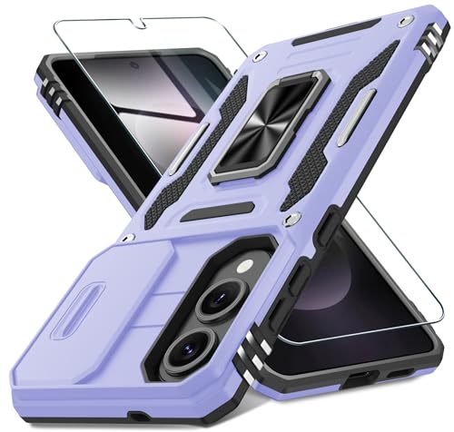 DEERLAMN Schutzhülle für Samsung Galaxy S25 Edge, mit Schiebe-Kamera-Abdeckung und Displayschutzfolie (1 Pack), drehbarer Ringständer, Militärqualität, stoßfeste Schutzhülle, Hellviolett von DEERLAMN