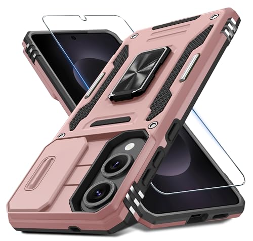 DEERLAMN Schutzhülle für Samsung Galaxy S25 Edge mit Schiebe-Kamera-Abdeckung und Displayschutzfolie (1 Pack), drehbarer Ringständer, Militärqualität, stoßfeste Schutzhülle, Roségold von DEERLAMN