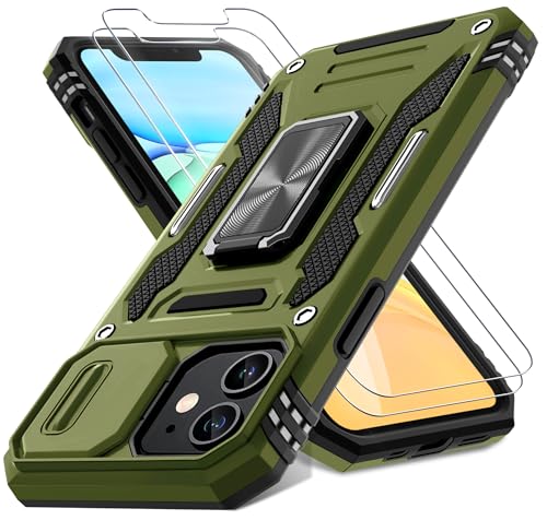 DEERLAMN Schutzhülle für iPhone 11 mit Schiebe-Kamera-Abdeckung und Displayschutzfolie (2 Packungen), drehbarer Ringständer, Militärqualität, stoßfeste Schutzhülle, Olivgrün von DEERLAMN