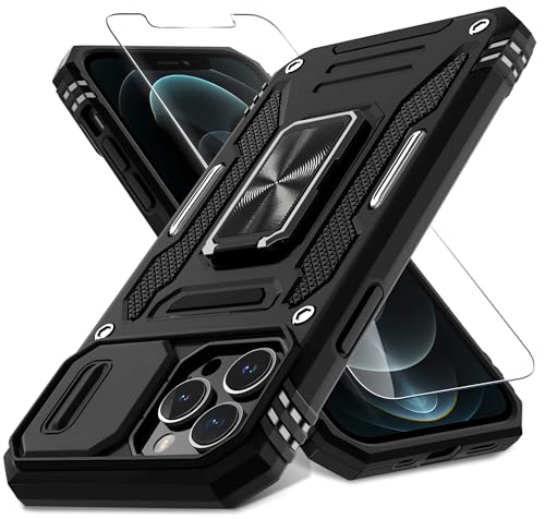 DEERLAMN Schutzhülle für iPhone 12 Pro Max mit Schiebe-Kamera-Abdeckung und Displayschutzfolie (1 Pack), drehbarer Ringständer, Militärqualität, stoßfeste Schutzhülle, 17,5 cm (6,7 Zoll), Schwarz von DEERLAMN