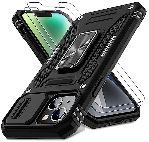 DEERLAMN Schutzhülle für iPhone 13/iPhone 14, 15,5 cm (6,1 Zoll), mit Schiebe-Kamera-Abdeckung und Displayschutzfolie (2 Packungen), drehbarer Ringständer, Militärqualität, stoßfeste Schutzhülle, von DEERLAMN
