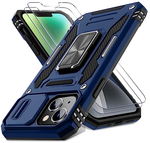 DEERLAMN Schutzhülle für iPhone 13/iPhone 14, 15,5 cm (6,1 Zoll), mit Schiebe-Kamera-Abdeckung und Displayschutzfolie (2 Packungen), drehbarer Ringständer, Militärqualität, stoßfeste Schutzhülle, von DEERLAMN