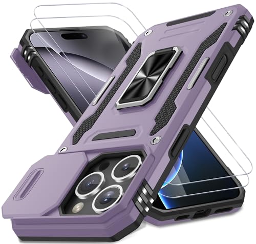 DEERLAMN Schutzhülle für iPhone 16 Pro mit Schiebe-Kamera-Abdeckung und Displayschutzfolie (2 Packungen), drehbarer Ringständer, Militärqualität, stoßfeste Schutzhülle, Dunkelviolett von DEERLAMN