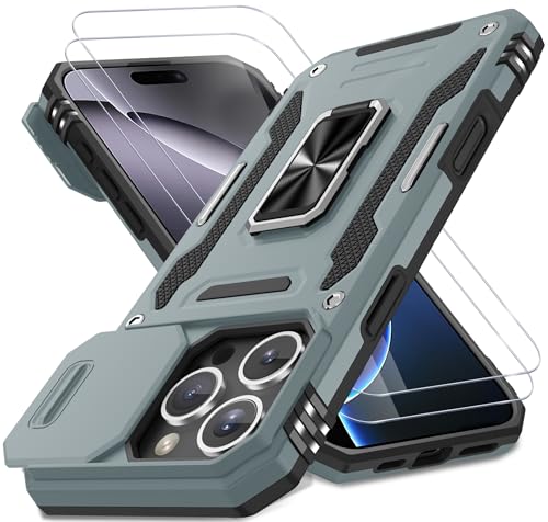 DEERLAMN Schutzhülle für iPhone 16 Pro mit Schiebe-Kamera-Abdeckung und Displayschutzfolie (2 Packungen), drehbarer Ringständer, Militärqualität, stoßfeste Schutzhülle, Grau von DEERLAMN