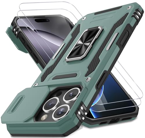 DEERLAMN Schutzhülle für iPhone 16 Pro mit Schiebe-Kamera-Abdeckung und Displayschutzfolie (2 Packungen), drehbarer Ringständer, Militärqualität, stoßfeste Schutzhülle, Grün von DEERLAMN