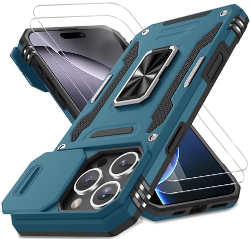 DEERLAMN Schutzhülle für iPhone 16 Pro mit Schiebe-Kamera-Abdeckung und Displayschutzfolie (2 Packungen), drehbarer Ringständer, Militärqualität, stoßfeste Schutzhülle, Hellblau von DEERLAMN