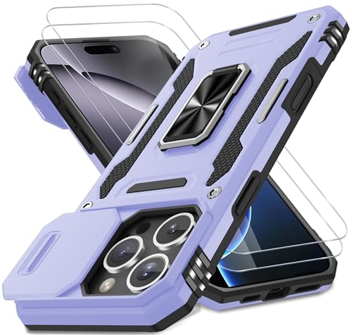 DEERLAMN Schutzhülle für iPhone 16 Pro mit Schiebe-Kamera-Abdeckung und Displayschutzfolie (2 Packungen), drehbarer Ringständer, Militärqualität, stoßfeste Schutzhülle, Hellviolett von DEERLAMN