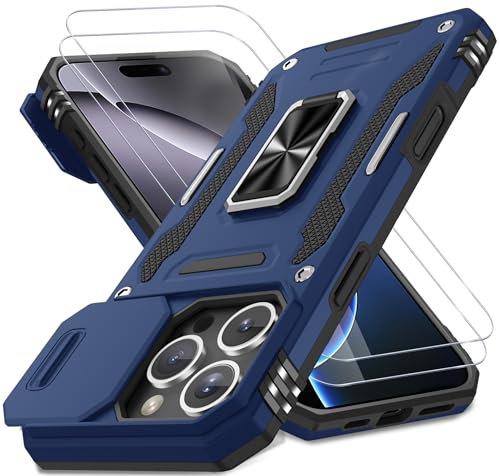 DEERLAMN Schutzhülle für iPhone 16 Pro mit Schiebe-Kamera-Abdeckung und Displayschutzfolie (2 Packungen), drehbarer Ringständer, Militärqualität, stoßfeste Schutzhülle, Marineblau von DEERLAMN