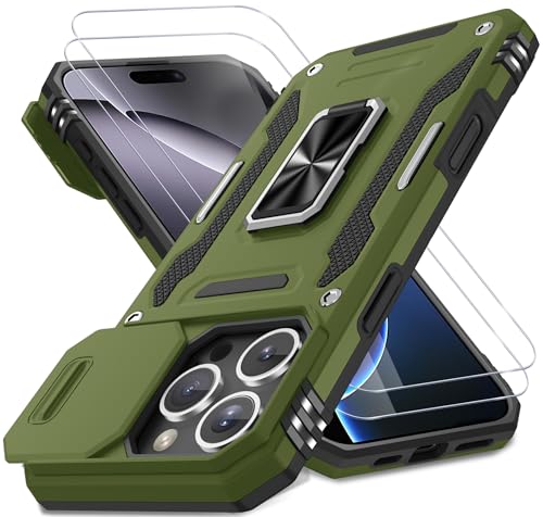 DEERLAMN Schutzhülle für iPhone 16 Pro mit Schiebe-Kamera-Abdeckung und Displayschutzfolie (2 Packungen), drehbarer Ringständer, Militärqualität, stoßfeste Schutzhülle, Olivgrün von DEERLAMN