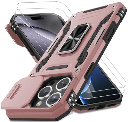 DEERLAMN Schutzhülle für iPhone 16 Pro mit Schiebe-Kamera-Abdeckung und Displayschutzfolie (2 Packungen), drehbarer Ringständer, Militärqualität, stoßfeste Schutzhülle, Roségold von DEERLAMN