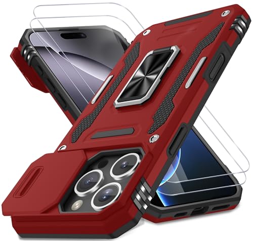 DEERLAMN Schutzhülle für iPhone 16 Pro mit Schiebe-Kamera-Abdeckung und Displayschutzfolie (2 Packungen), drehbarer Ringständer, Militärqualität, stoßfeste Schutzhülle, Rot von DEERLAMN