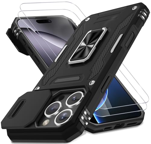 DEERLAMN Schutzhülle für iPhone 16 Pro mit Schiebe-Kamera-Abdeckung und Displayschutzfolie (2 Packungen), drehbarer Ringständer, Militärqualität, stoßfeste Schutzhülle, Schwarz von DEERLAMN
