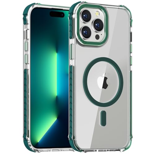 DEERLAMN Starke magnetische Schutzhülle für iPhone 15 Pro 6,1 Zoll, [kompatibel mit Magsafe], klare, schlanke, stoßfeste Schutzhülle für Damen und Herren, transparent + grün von DEERLAMN