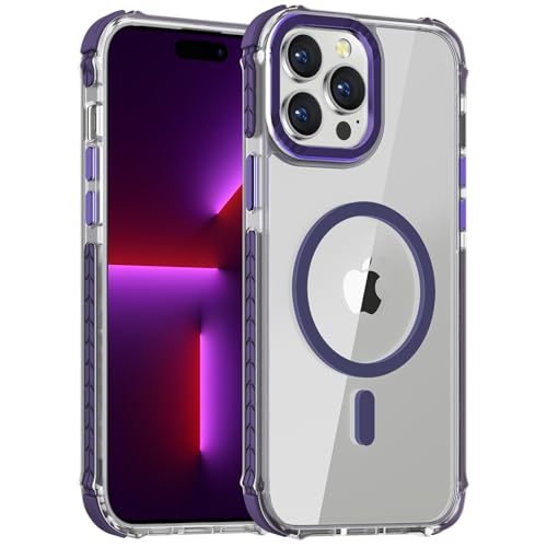 DEERLAMN Starke magnetische Schutzhülle für iPhone 15 Pro 6,1 Zoll, [kompatibel mit Magsafe], klare, schlanke, stoßfeste Schutzhülle für Damen und Herren, transparent + lila von DEERLAMN