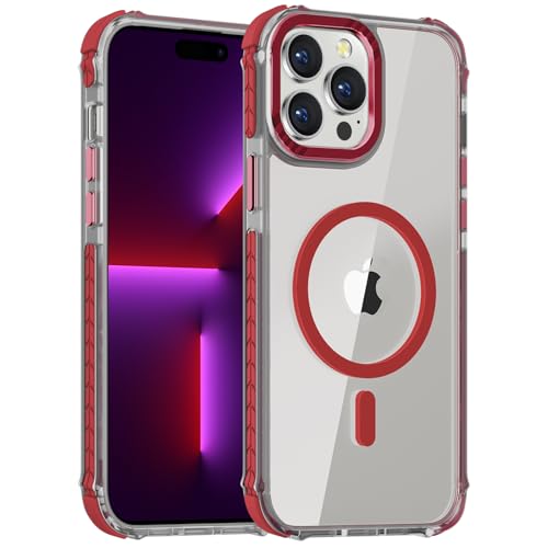DEERLAMN Starke magnetische Schutzhülle für iPhone 15 Pro 6,1 Zoll, [kompatibel mit Magsafe], klare, schlanke, stoßfeste Schutzhülle für Damen und Herren, transparent Rot von DEERLAMN