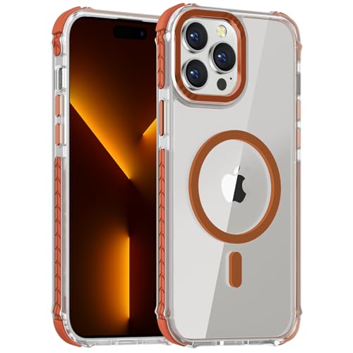 DEERLAMN Starke magnetische Schutzhülle für iPhone 15 Pro 6,1 Zoll, [kompatibel mit Magsafe], transparent, schlank, stoßfest, Schutzhülle für Damen und Herren, transparent + Orange von DEERLAMN